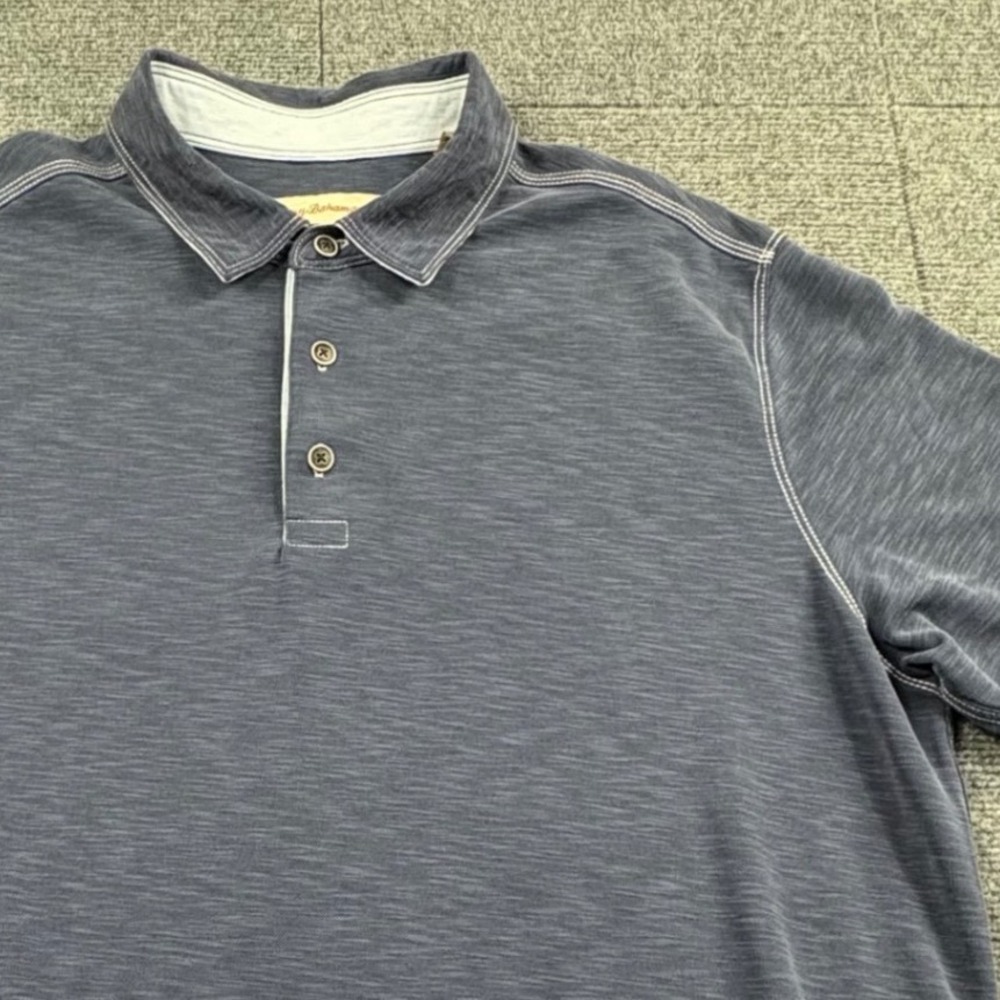 Tommy Bahama Mens XL Blue Slub Knit Short Sleeve Polo Shirt Contrast Stitching